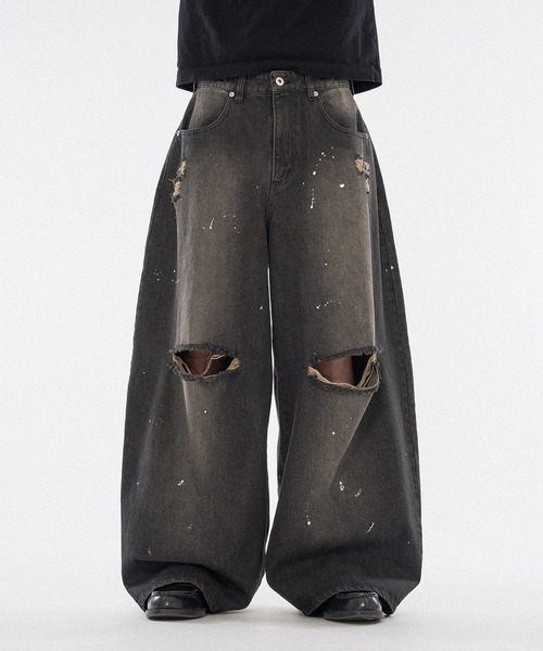 WISH FOR EVER（ウィッシュフォーエバー）の「【 3color / 3size 】ASSORT WIDE CURVE DAMEGE DENIM（その他パンツ・メンズ・ライトブルー/ブラック/インディゴブルー・SMALL/MEDIUM/LARGE）」の2枚目の写真