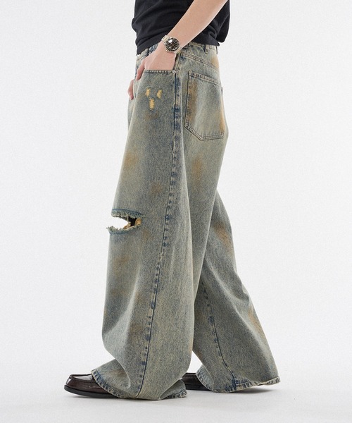WISH FOR EVER（ウィッシュフォーエバー）の「【 3color / 3size 】ASSORT WIDE CURVE DAMEGE DENIM（その他パンツ・メンズ・ライトブルー/ブラック/インディゴブルー・SMALL/MEDIUM/LARGE）」の4枚目の写真