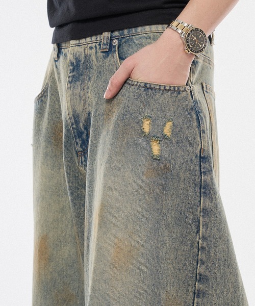 WISH FOR EVER（ウィッシュフォーエバー）の「【 3color / 3size 】ASSORT WIDE CURVE DAMEGE DENIM（その他パンツ・メンズ・ライトブルー/ブラック/インディゴブルー・SMALL/MEDIUM/LARGE）」の6枚目の写真