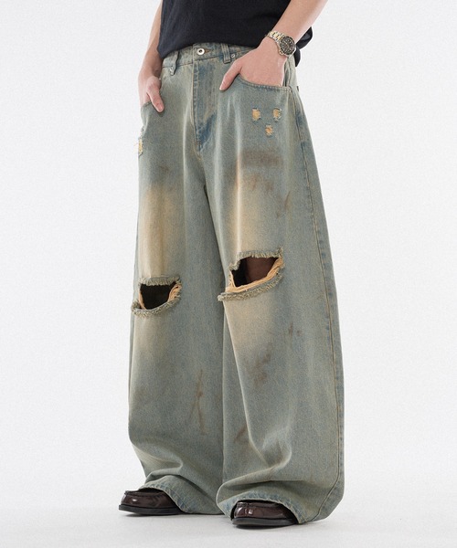 WISH FOR EVER（ウィッシュフォーエバー）の「【 3color / 3size 】ASSORT WIDE CURVE DAMEGE DENIM（その他パンツ・メンズ・ライトブルー/ブラック/インディゴブルー・SMALL/MEDIUM/LARGE）」の16枚目の写真