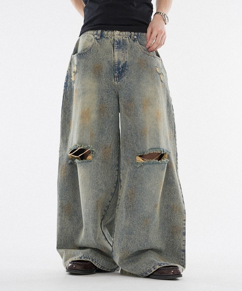 セール】【 3color / 3size 】ASSORT WIDE CURVE DAMEGE DENIM