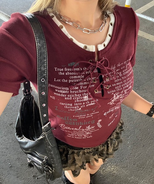 non-hedge(ノンヘッジ)の「アンサンブル風ロゴレースアップTシャツ(Tシャツ/カットソー・レディース・オフホワイト/ブラック/アイボリー/ブラウン/ワインレッド/グレー・FREE)」の6枚目の写真