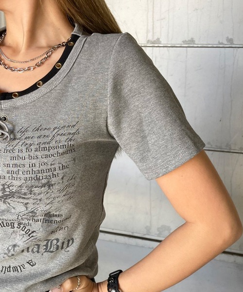 non-hedge(ノンヘッジ)の「アンサンブル風ロゴレースアップTシャツ(Tシャツ/カットソー・レディース・オフホワイト/ブラック/アイボリー/ブラウン/ワインレッド/グレー・FREE)」の21枚目の写真