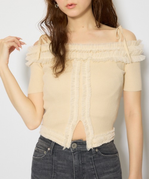 rienda(リエンダ)の「オフショルフリルニットトップス 春服 夏服(ニット/セーター・レディース・ブラック/ライトピンク/ライトイエロー・FREE)」の2枚目の写真