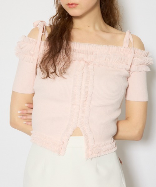 rienda(リエンダ)の「オフショルフリルニットトップス 春服 夏服(ニット/セーター・レディース・ブラック/ライトピンク/ライトイエロー・FREE)」の3枚目の写真