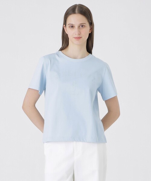BLUE LABEL CRESTBRIDGE(ブルーレーベルクレストブリッジ)の「【UVカット】【接触冷感】【防透け】プレーティングシルケット天竺グラフィックロゴTシャツ(Tシャツ/カットソー・レディース・ダークネイビー/ホワイト/ベビーピンク/ブルー・40/38)」の3枚目の写真