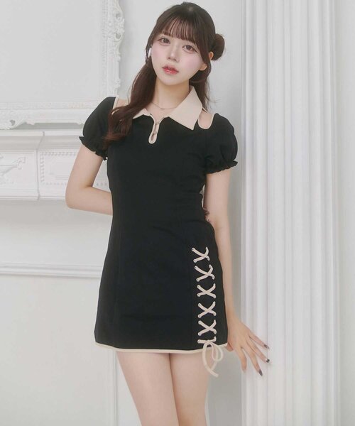 Belle Charme(ベルシャルム)の「【Belle Charme】Lace-up Polo Mini Onepiece(ワンピース・レディース・チャコールグレー/ベージュ/ブラック・SMALL/MEDIUM)」の1枚目の写真
