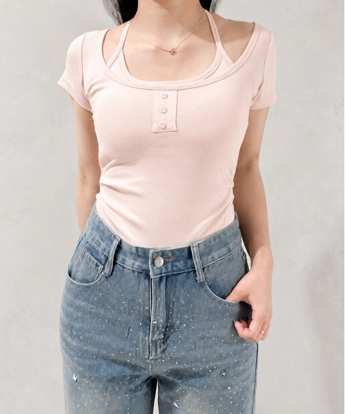 GREENHOX(グリーンホックス)の「レイヤード風ホルターネックカットアウトリブトップス(Tシャツ/カットソー・レディース・ピンク/ライトグレー/アイボリー・FREE)」の3枚目の写真