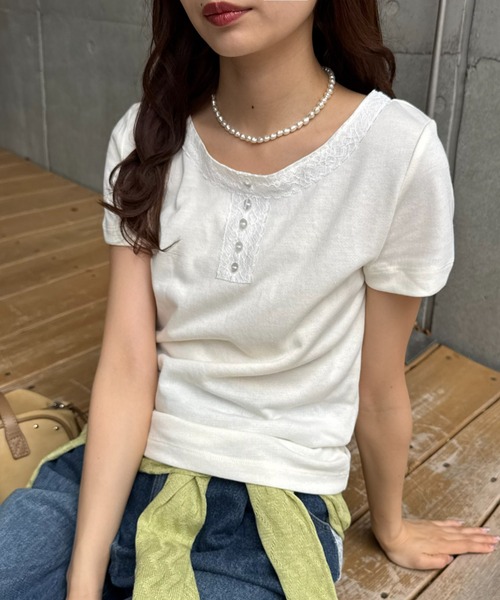 DISCOAT(ディスコート)の「【umm.】レースヘンリー半袖プルオーバー(Tシャツ/カットソー・レディース・グレー/アイボリー/ネイビー・FREE)」の2枚目の写真