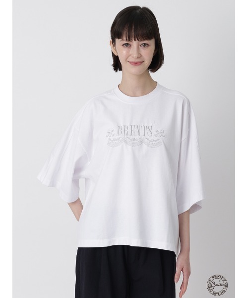 H.A.K(ハク)の「H.A.K×BRENTS プレミアム天竺ロゴレースクロップ丈Tシャツ(Tシャツ/カットソー・レディース・ホワイト/ブラック/ネイビー・FREE)」の1枚目の写真