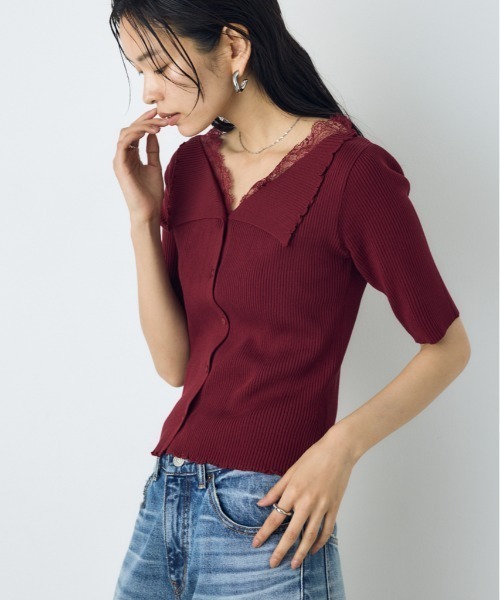 AZUL by moussy（アズールバイマウジー）の「【身長/骨格別着用画像あり】ネックレース5分袖ニットトップス 春服 夏服 秋服 サマーニット（ニット/セーター・レディース・ブラック/ボルドー/杢グレー・FREE）」の3枚目の写真
