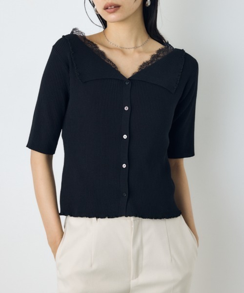 AZUL by moussy（アズールバイマウジー）の「【身長/骨格別着用画像あり】ネックレース5分袖ニットトップス 春服 夏服 秋服 サマーニット（ニット/セーター・レディース・ブラック/ボルドー/杢グレー・FREE）」の2枚目の写真