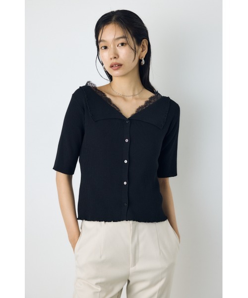 AZUL by moussy（アズールバイマウジー）の「【身長/骨格別着用画像あり】ネックレース5分袖ニットトップス 春服 夏服 秋服 サマーニット（ニット/セーター・レディース・ブラック/ボルドー/杢グレー・FREE）」の4枚目の写真