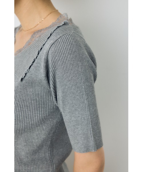 AZUL by moussy（アズールバイマウジー）の「【身長/骨格別着用画像あり】ネックレース5分袖ニットトップス 春服 夏服 秋服 サマーニット（ニット/セーター・レディース・ブラック/ボルドー/杢グレー・FREE）」の17枚目の写真