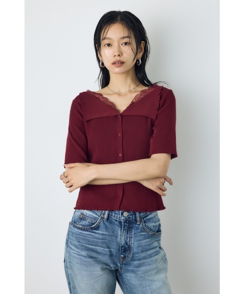 AZUL by moussy（アズールバイマウジー）の「【身長/骨格別着用画像あり】ネックレース5分袖ニットトップス 春服 夏服 秋服 サマーニット（ニット/セーター・レディース・ブラック/ボルドー/杢グレー・FREE）」の19枚目の写真