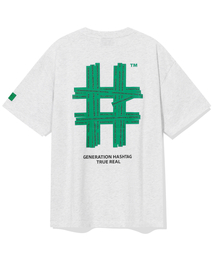 グリーンテーピングハッシュタグオーバーサイズ半袖Tシャツ（アイスグレー）