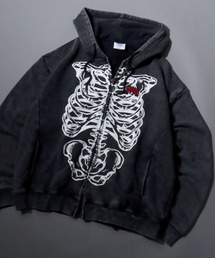 Bone Print Sweat Zip Hoodie/ストリート ヴィンテージライク オーバーサイズ 裏毛 フルジップパーカー フーディー パーカー スウェット レディース メンズ