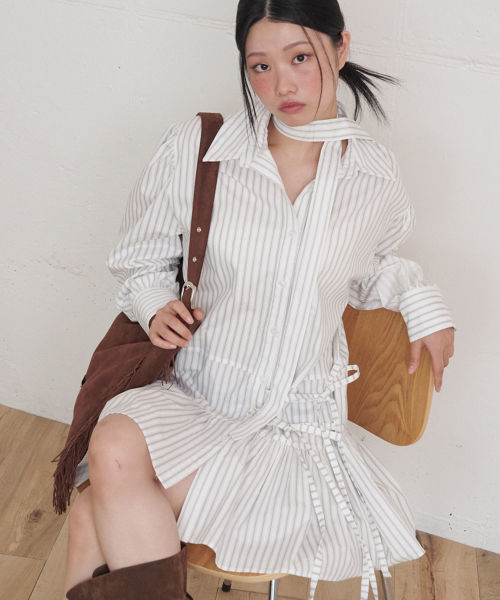 OPENING SUNSHINE(オープニングサンシャイン)の「ストライプ ダブルストラップ シャツ ミニワンピース アイボリー(ワンピース・レディース・その他・FREE)」の4枚目の写真