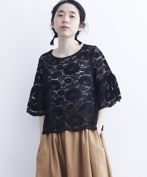 MERLOT（メルロー）の「フラワー総レースフレアスリーブシースルートップス1083-C17（シャツ/ブラウス・レディース・モカ/ブラック/ホワイト/ワインレッド・FREE）」の3枚目の写真