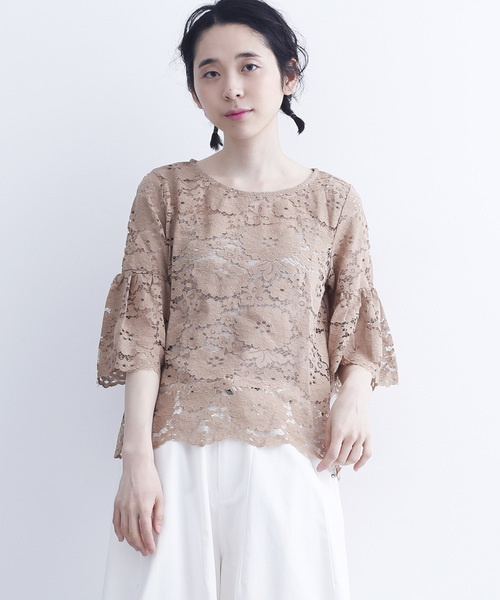 MERLOT（メルロー）の「フラワー総レースフレアスリーブシースルートップス1083-C17（シャツ/ブラウス・レディース・モカ/ブラック/ホワイト/ワインレッド・FREE）」の4枚目の写真