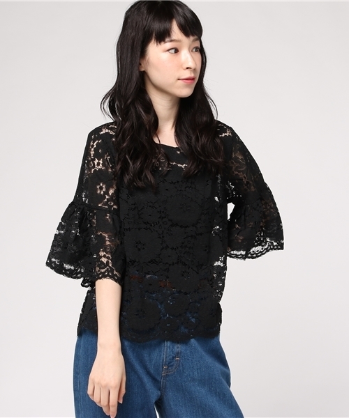 MERLOT（メルロー）の「フラワー総レースフレアスリーブシースルートップス1083-C17（シャツ/ブラウス・レディース・モカ/ブラック/ホワイト/ワインレッド・FREE）」の5枚目の写真