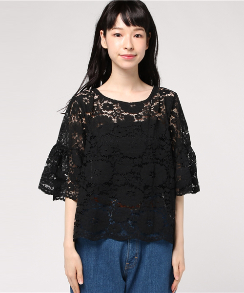 MERLOT（メルロー）の「フラワー総レースフレアスリーブシースルートップス1083-C17（シャツ/ブラウス・レディース・モカ/ブラック/ホワイト/ワインレッド・FREE）」の6枚目の写真