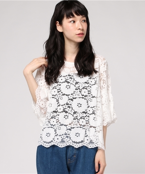 MERLOT（メルロー）の「フラワー総レースフレアスリーブシースルートップス1083-C17（シャツ/ブラウス・レディース・モカ/ブラック/ホワイト/ワインレッド・FREE）」の16枚目の写真
