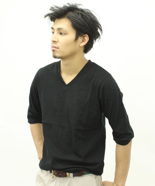 JOURNAL STANDARD（ジャーナルスタンダード）の「●【WEB限定】USAコットン Vネック7スリーブカットソー #（Tシャツ/カットソー・メンズ・ブラック/ホワイト/アイボリー/ダークブルー・MEDIUM/LARGE）」の4枚目の写真