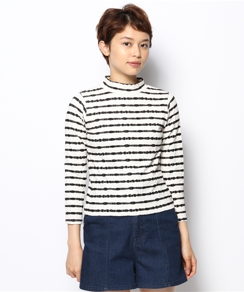 WEGO(ウィゴー)の「WEGO/ケーブルハイネック7分袖Tシャツ(Tシャツ/カットソー・レディース・アイボリー/ブラック系その他/ネイビー・FREE)」の4枚目の写真