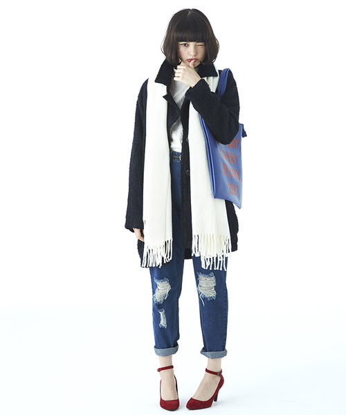 WEGO(ウィゴー)の「WEGO/ケーブルハイネック7分袖Tシャツ(Tシャツ/カットソー・レディース・アイボリー/ブラック系その他/ネイビー・FREE)」の10枚目の写真