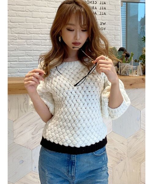 RESEXXY（リゼクシー）の「配色ニットトップス（ニット/セーター・レディース・ベージュ/オフホワイト/ワイン・FREE）」の8枚目の写真