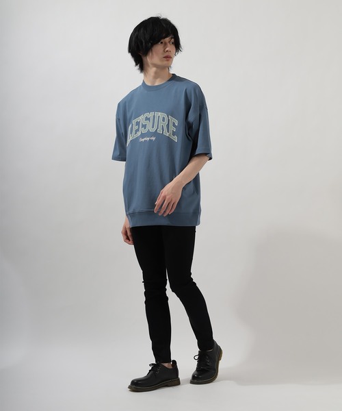 SlashDate(スラッシュデイト)の「カレッジロゴ刺繍プリント半袖Tシャツ/アーチロゴ/オーバーサイズ/ユニセックス/LEISURE(Tシャツ/カットソー・レディース・ブラック/ミント/ダークブルー/グレイッシュベージュ・M/L/XL)」の8枚目の写真