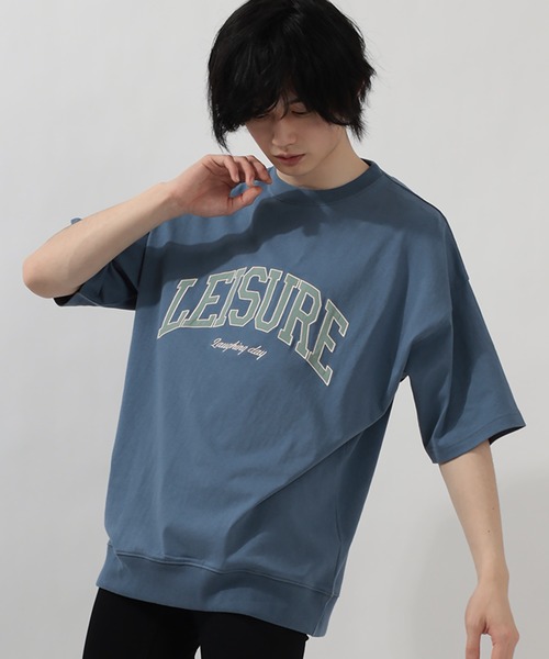 SlashDate(スラッシュデイト)の「カレッジロゴ刺繍プリント半袖Tシャツ/アーチロゴ/オーバーサイズ/ユニセックス/LEISURE(Tシャツ/カットソー・レディース・ブラック/ミント/ダークブルー/グレイッシュベージュ・M/L/XL)」の19枚目の写真