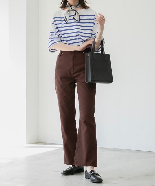 BONLECILL（ボンルシール）の「ハイウエスト ツイルカラー フレアパンツ（デニムパンツ・レディース・ブラック/ブラウン/ブルー/ホワイト/オフホワイト/ダークベージュ/ネイビー/オリーブ・S/L/M）」の4枚目の写真