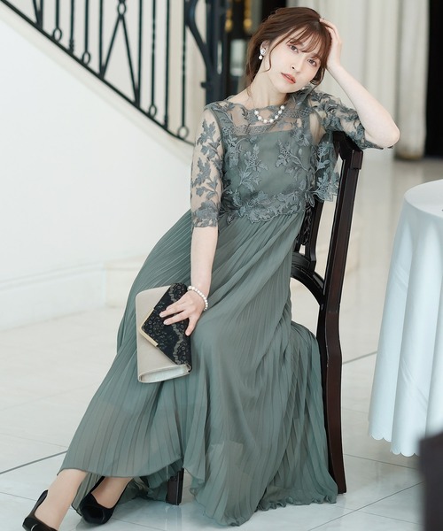PourVous(プールヴー)の「ロング&七分袖 フォーマル シアーブラウス 結婚式 ワンピースドレス オケージョンドレス お呼ばれ 二次会 成人式 同窓会 謝恩会 20代 30代(ドレス・レディース・ネイビー/カーキ/ラベンダー/アーミー/ピンクベージュ・M)」の3枚目の写真