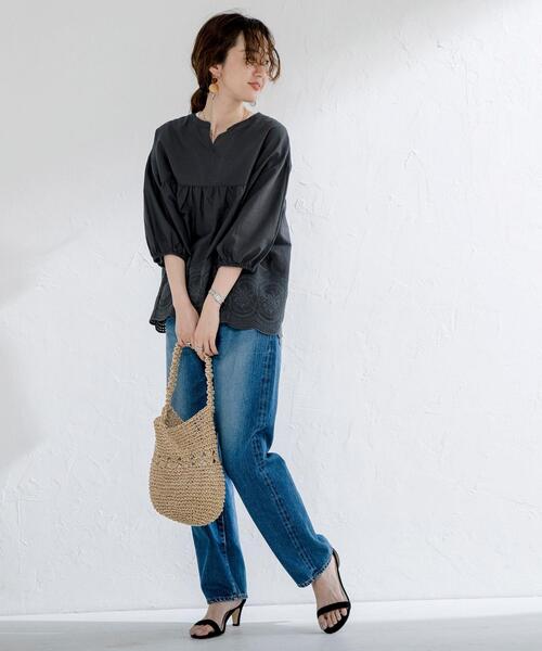 coen（コーエン）の「刺繍スキッパーブラウス（シャツ/ブラウス・レディース・ブラック/オフホワイト/ベージュ・MEDIUM/LARGE）」の9枚目の写真