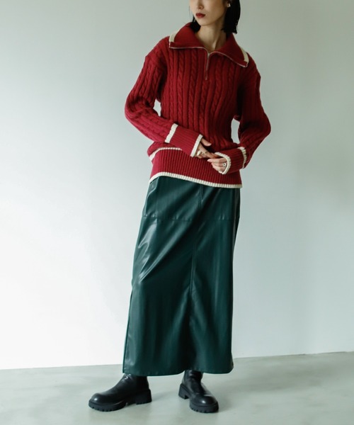 VACANCY（ヴァカンシー）の「ハーフジップ配色ニット（ニット/セーター・レディース・ボルドー/グリーン/ナチュラル・FREE）」の7枚目の写真