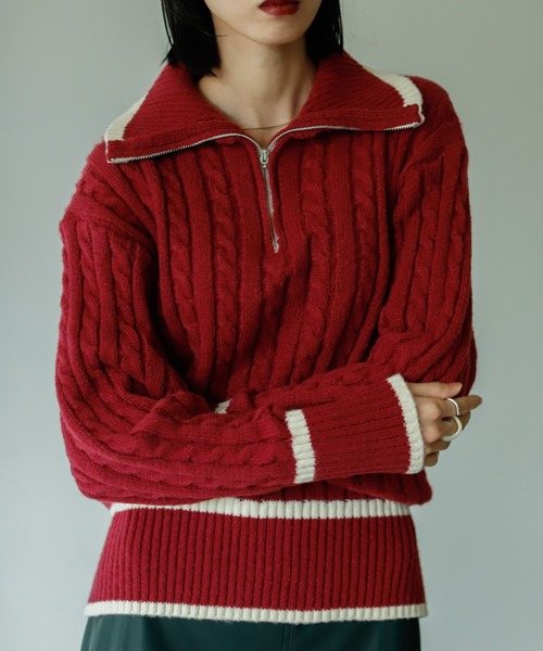 VACANCY（ヴァカンシー）の「ハーフジップ配色ニット（ニット/セーター・レディース・ボルドー/グリーン/ナチュラル・FREE）」の6枚目の写真