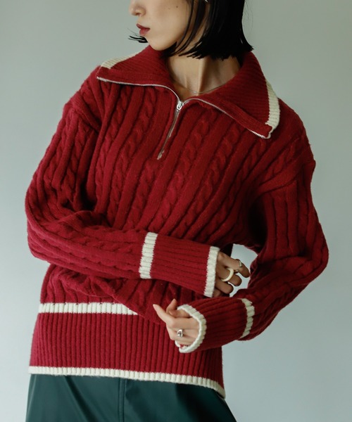 VACANCY（ヴァカンシー）の「ハーフジップ配色ニット（ニット/セーター・レディース・ボルドー/グリーン/ナチュラル・FREE）」の18枚目の写真