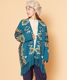 【チャイハネ】ネイティブ柄ニットフリンジカーディガン
