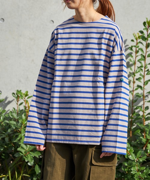 FIDELITY（フィデリティ）の「BORDER L/S WIDE / ボーダーシャツ・ワイドシルエット（Tシャツ/カットソー・メンズ・オフホワイト/ネイビー/ロイヤルブルー/グリーン/オレンジ/ベージュ・LARGE/MEDIUM/SMALL）」の2枚目の写真