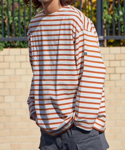 FIDELITY（フィデリティ）の「BORDER L/S WIDE / ボーダーシャツ・ワイドシルエット（Tシャツ/カットソー・メンズ・オフホワイト/ネイビー/ロイヤルブルー/グリーン/オレンジ/ベージュ・LARGE/MEDIUM/SMALL）」の6枚目の写真