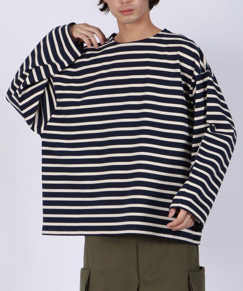 FIDELITY（フィデリティ）の「BORDER L/S WIDE / ボーダーシャツ・ワイドシルエット（Tシャツ/カットソー・メンズ・オフホワイト/ネイビー/ロイヤルブルー/グリーン/オレンジ/ベージュ・LARGE/MEDIUM/SMALL）」の8枚目の写真