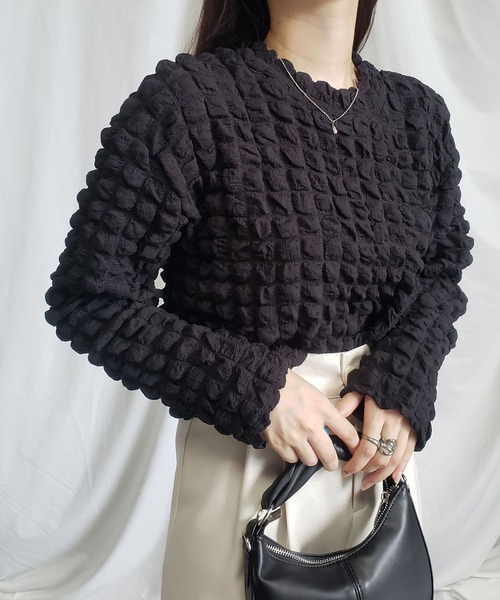 me+em select(ミームセレクト)の「クロップドぽこぽこプルオーバー(Tシャツ/カットソー・レディース・ブラック/ベージュ/オリーブ/アイボリー・FREE)」の17枚目の写真