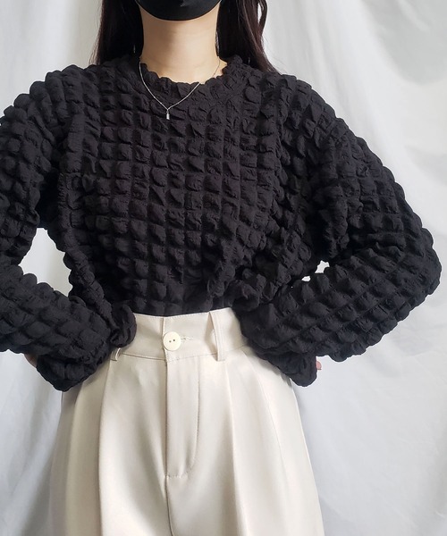 me+em select(ミームセレクト)の「クロップドぽこぽこプルオーバー(Tシャツ/カットソー・レディース・ブラック/ベージュ/オリーブ/アイボリー・FREE)」の12枚目の写真