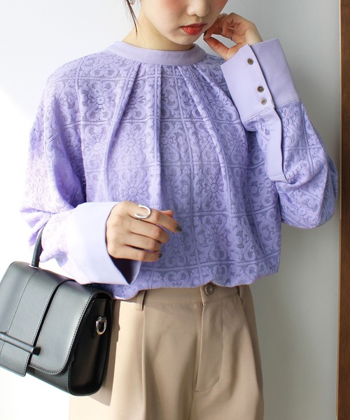 GeeRA(ジーラ)の「前後2WAYブロック柄レースシャツ(シャツ/ブラウス・レディース・アイボリー/ラベンダー・LARGE/MEDIUM)」の1枚目の写真
