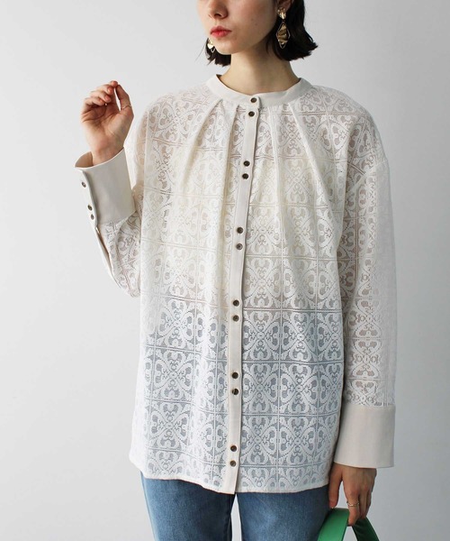 GeeRA(ジーラ)の「前後2WAYブロック柄レースシャツ(シャツ/ブラウス・レディース・アイボリー/ラベンダー・LARGE/MEDIUM)」の9枚目の写真