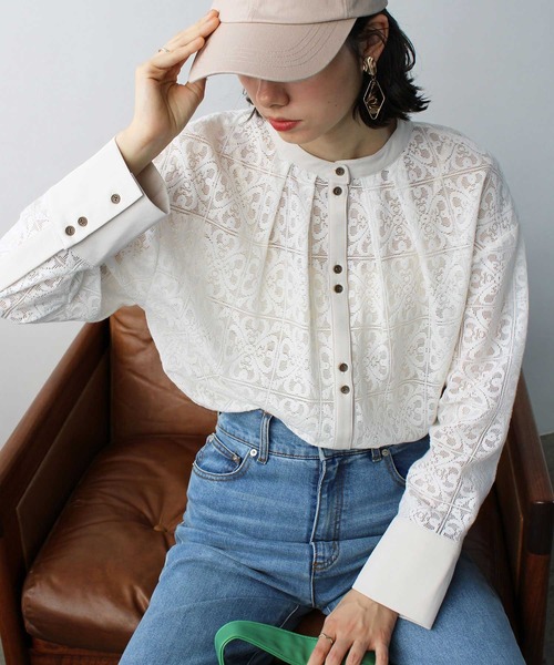 GeeRA(ジーラ)の「前後2WAYブロック柄レースシャツ(シャツ/ブラウス・レディース・アイボリー/ラベンダー・LARGE/MEDIUM)」の6枚目の写真
