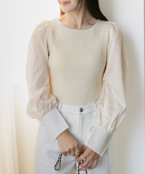 RANDA（ランダ）の「ボリュームスリーブドッキングニット（ニット/セーター・レディース・クリーム/ピンク/ブラック・FREE）」の3枚目の写真