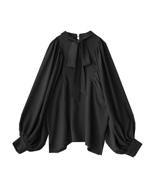 e-zakkamania stores（イーザッカマニアストアーズ）の「リボン ギャザースリーブ ブラウス（シャツ/ブラウス・レディース・ネイビー×ホワイト/ブラック/ライトベージュ・M）」の4枚目の写真
